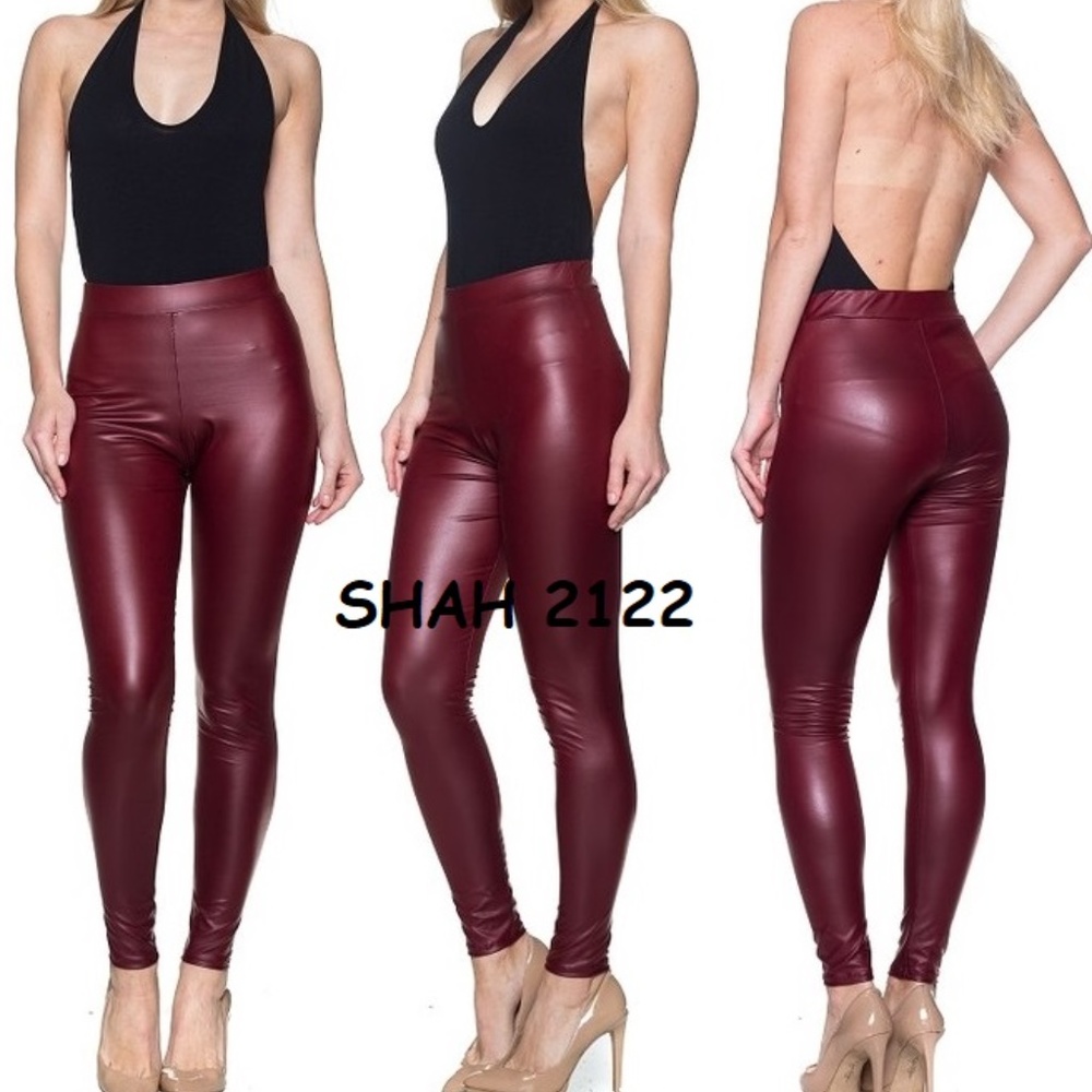 Faux Leather Leggings High Waist Burgundy Wine - Picture 3 of 3
